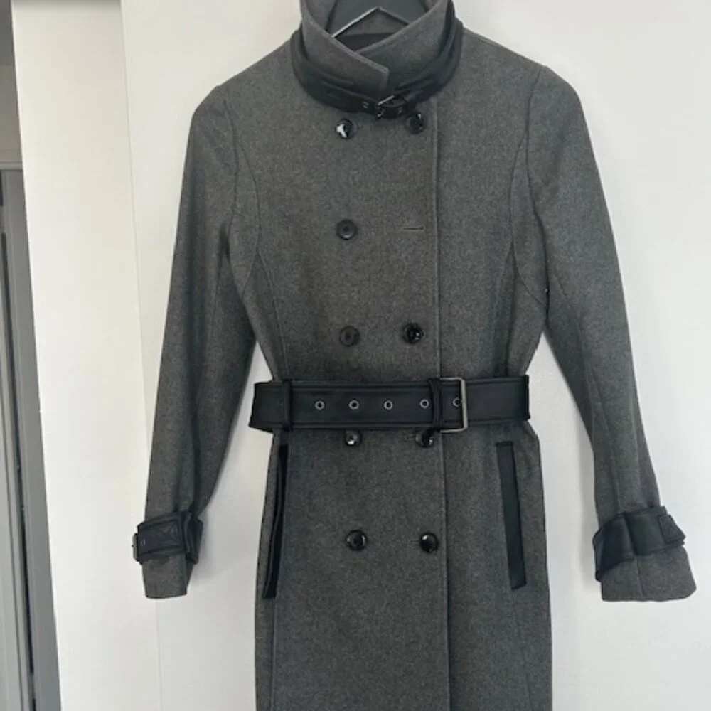 Kooples Grey Wool Blend Trench Coat with leather details - Picture 8 of 11